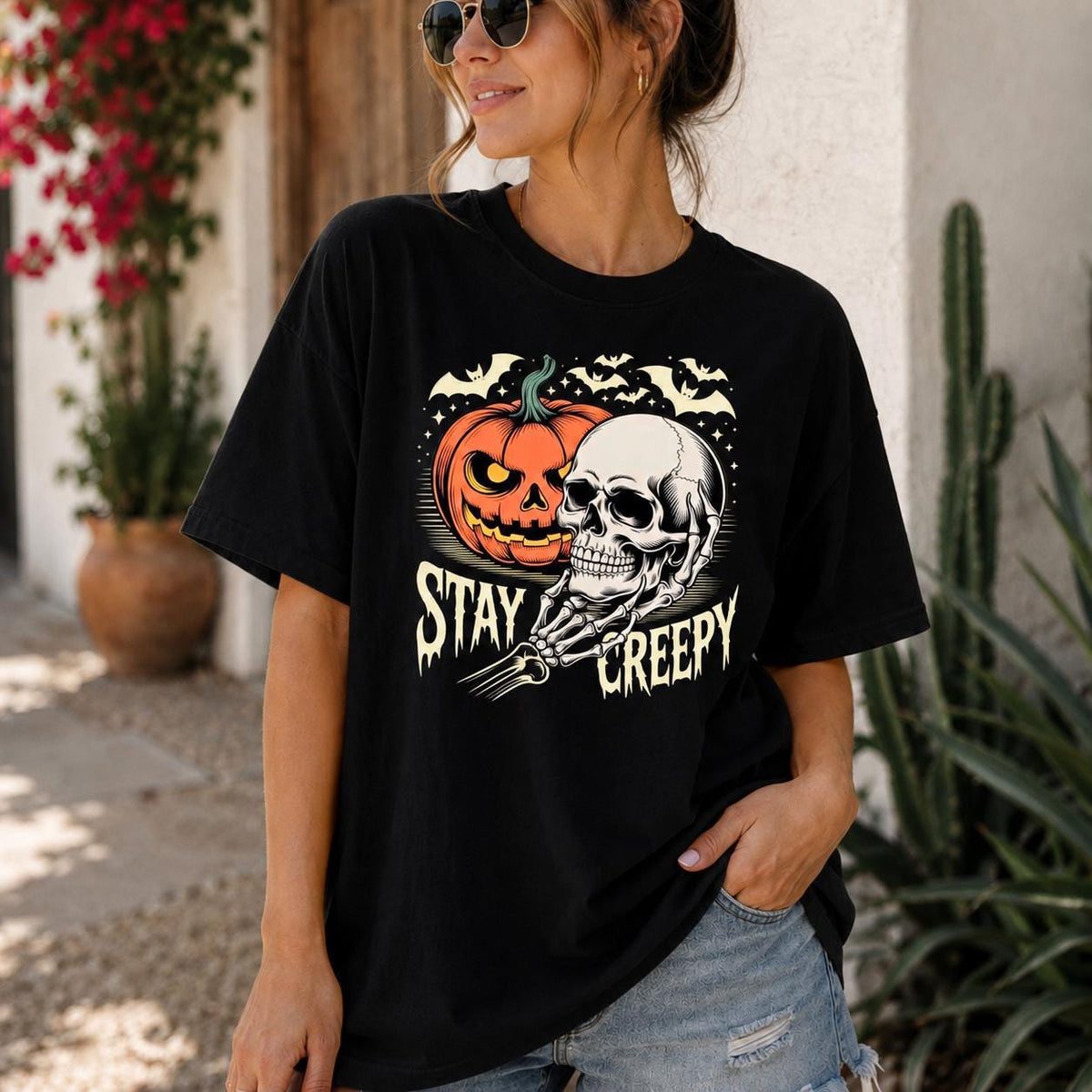 Stay Creepy Skull Pumpkin Halloween Shirt, Gothic Spooky Season Unisex Tee