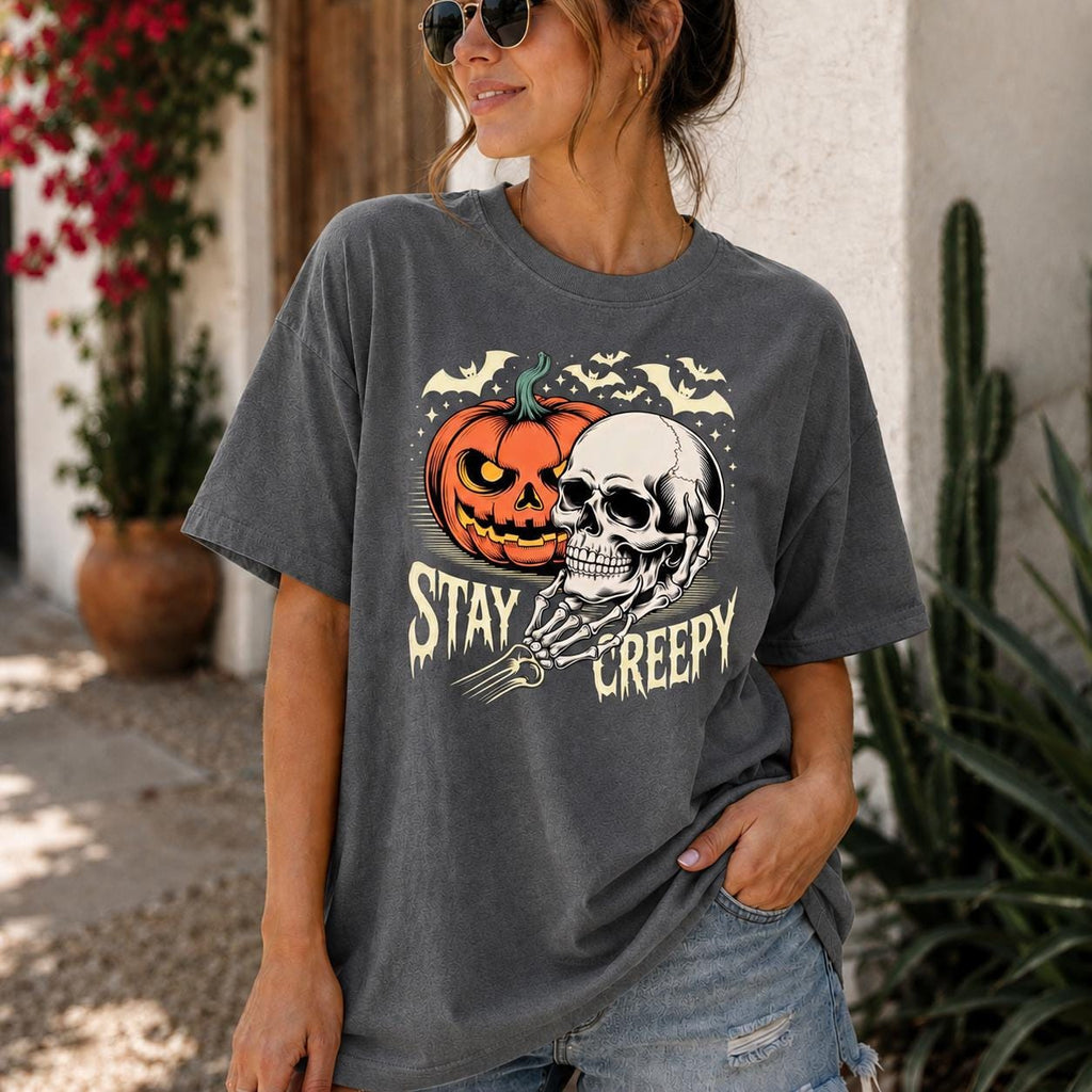 Stay Creepy Skull Pumpkin Halloween Shirt, Gothic Spooky Season Unisex Tee