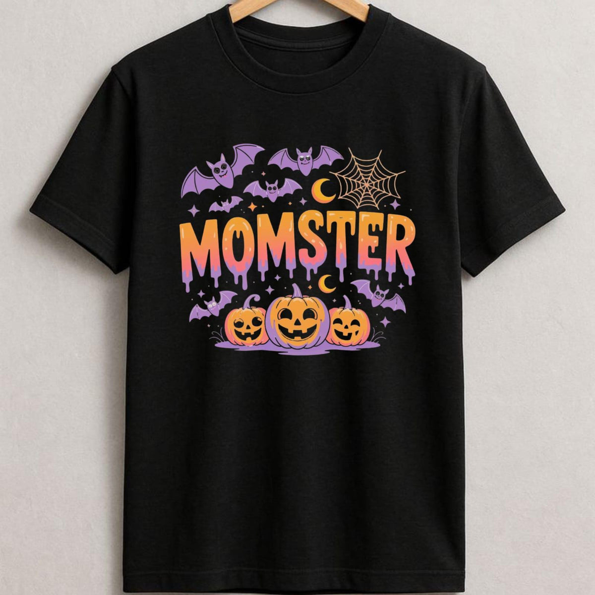 Momster Halloween Shirt, Spooky Pumpkin Bat Graphic Tee, Girls Trick Treat Apparel