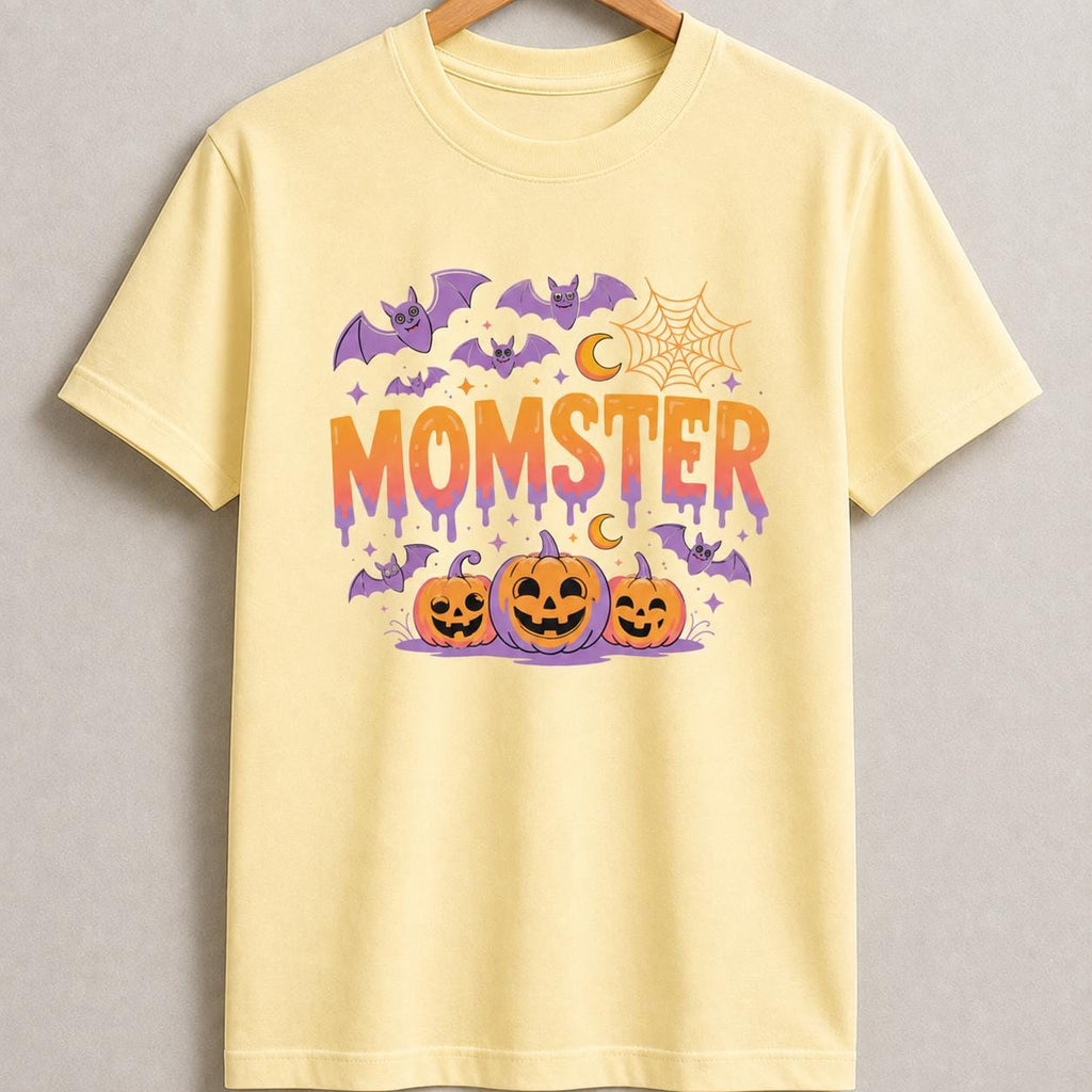 Momster Halloween Shirt, Spooky Pumpkin Bat Graphic Tee, Girls Trick Treat Apparel