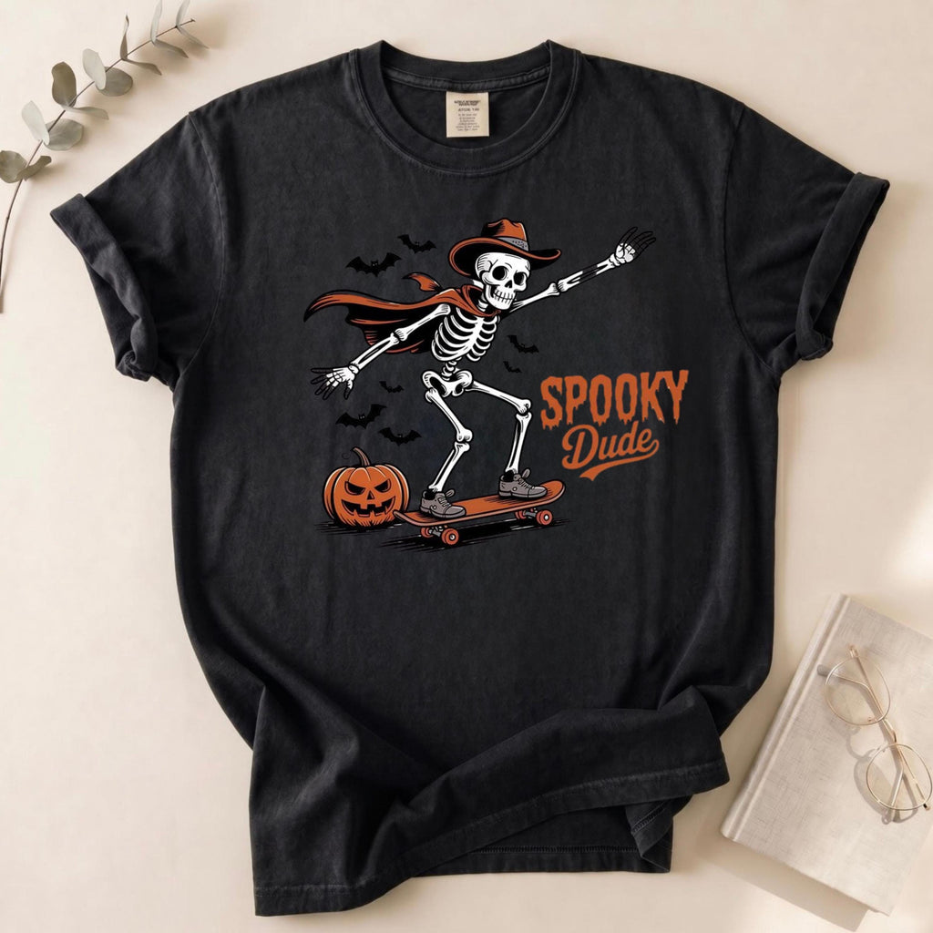 Retro Skeleton Skateboard Halloween T-Shirt, Spooky Dude Cowboy Cape Tee
