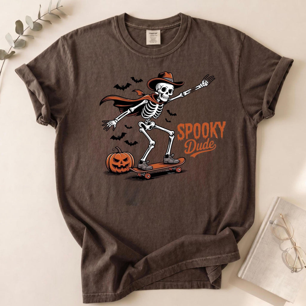 Retro Skeleton Skateboard Halloween T-Shirt, Spooky Dude Cowboy Cape Tee
