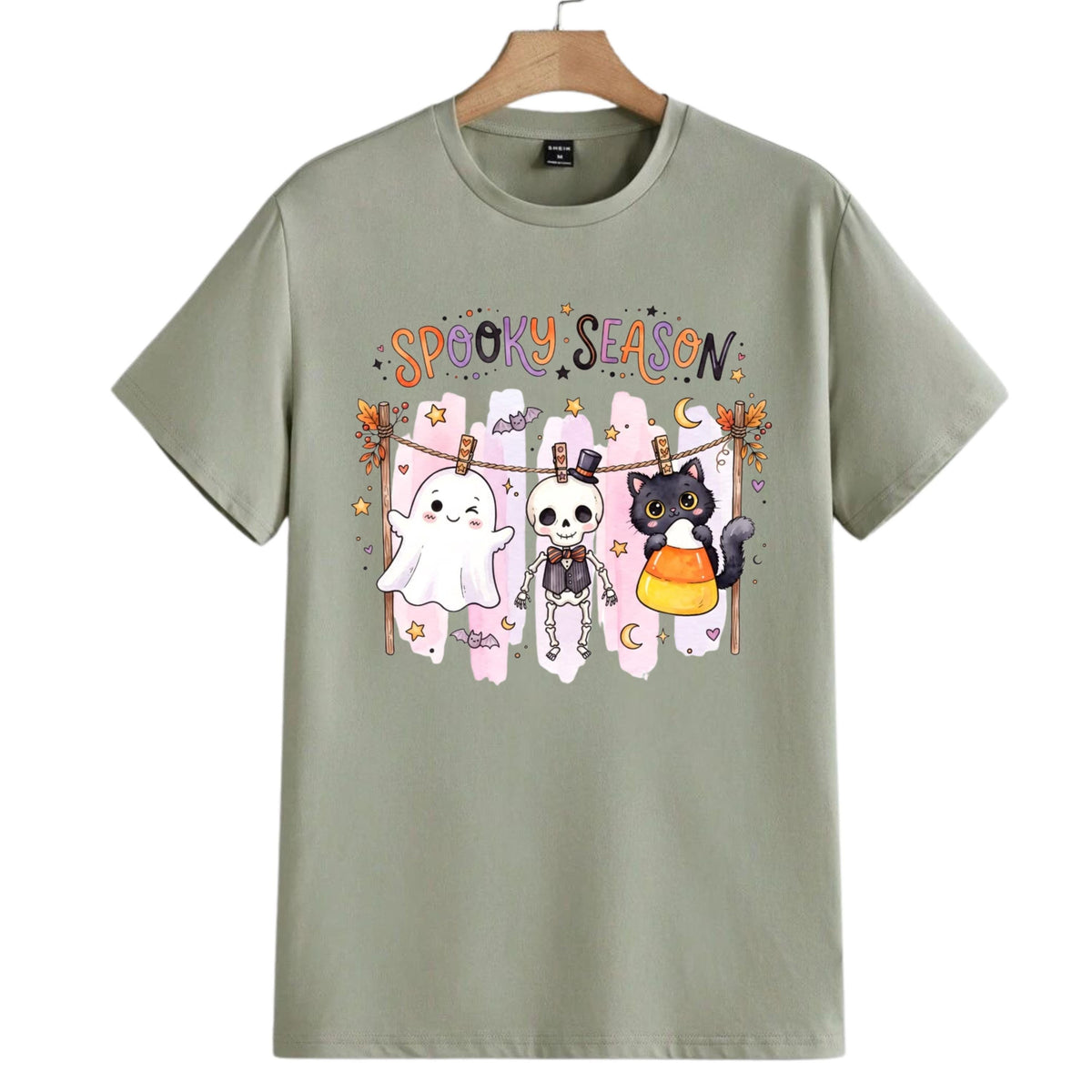 Spooky Season Ghost Skeleton Cat Halloween Shirt, Pastel Candy Corn Fall Tee