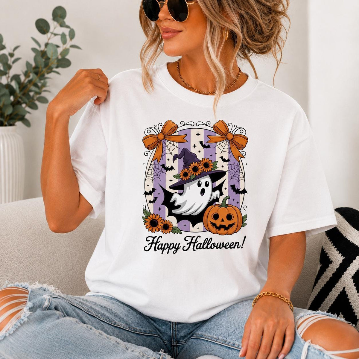Happy Halloween Ghost Witch Hat T-Shirt, Spooky Season Crewneck