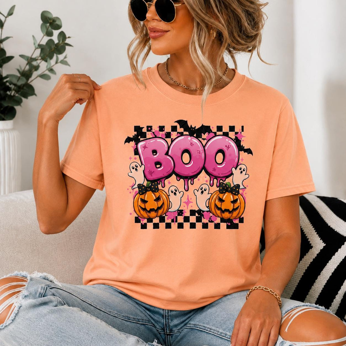 Pink BOO Halloween Sweatshirt, Pastel Ghost Pumpkin Spooky Season Crewneck