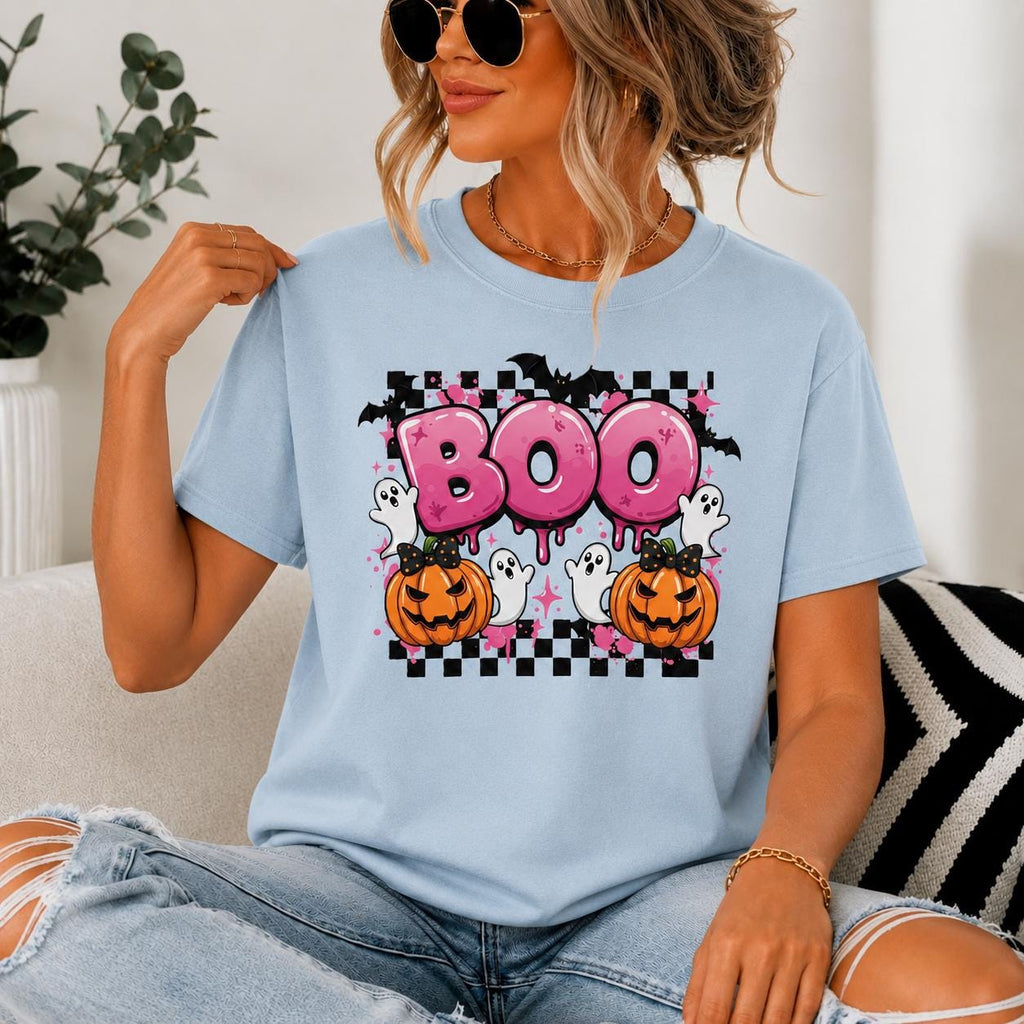 Pink BOO Halloween Sweatshirt, Pastel Ghost Pumpkin Spooky Season Crewneck