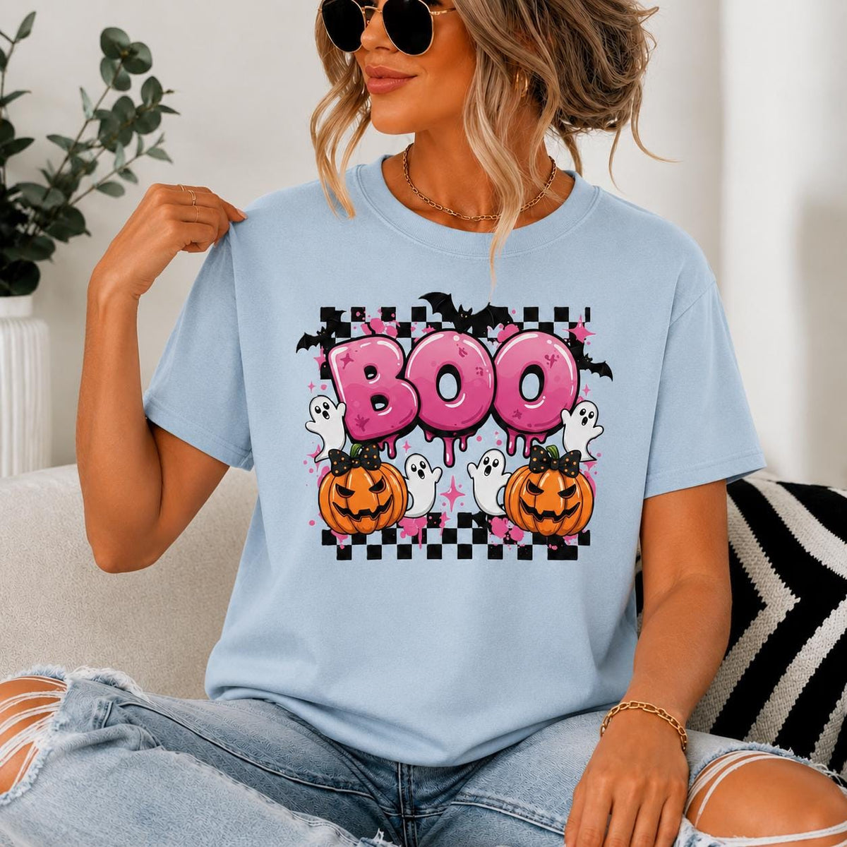 Pink BOO Halloween Sweatshirt, Pastel Ghost Pumpkin Spooky Season Crewneck