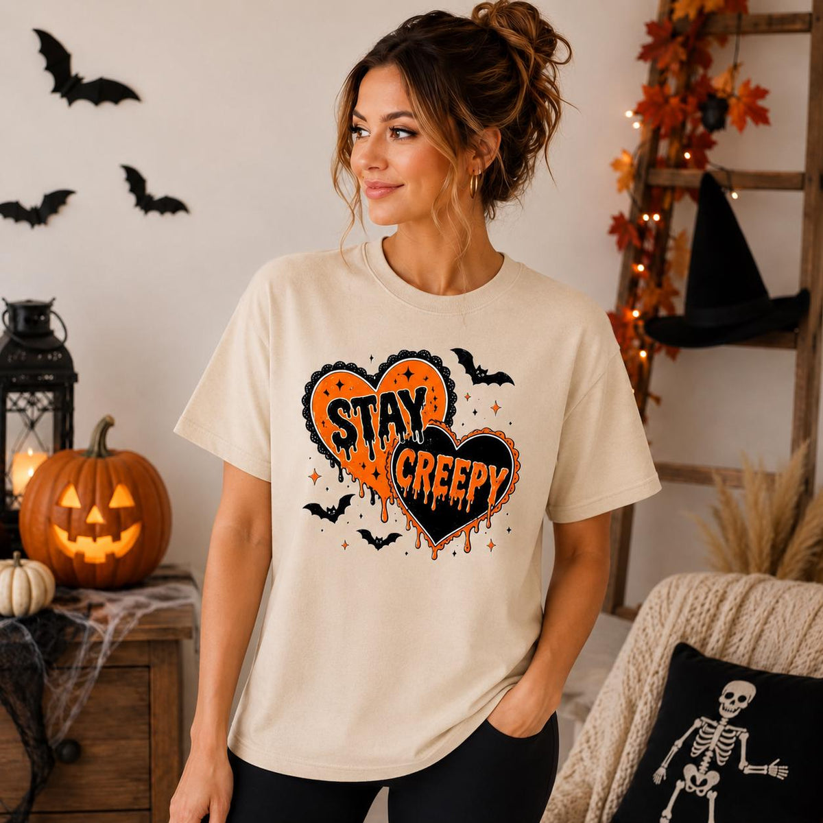 Stay Creepy Halloween T-Shirt, Dripping Heart, Bats, Spooky Season (Unisex)