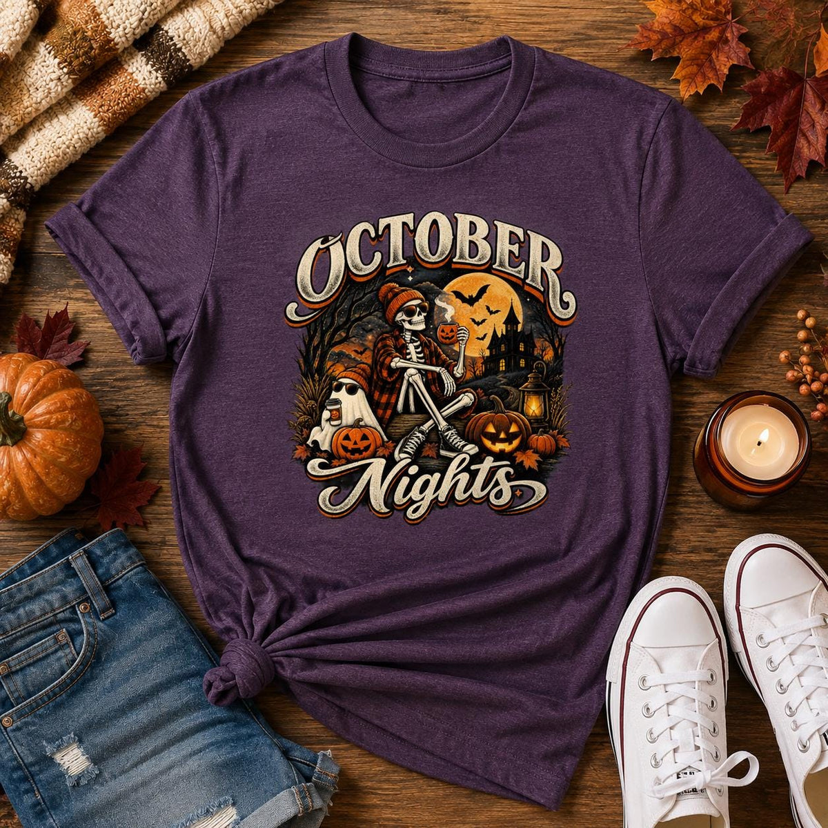 October Nights Halloween Shirt, Vintage Skeleton Ghost Pumpkin Tee (DTF Print)