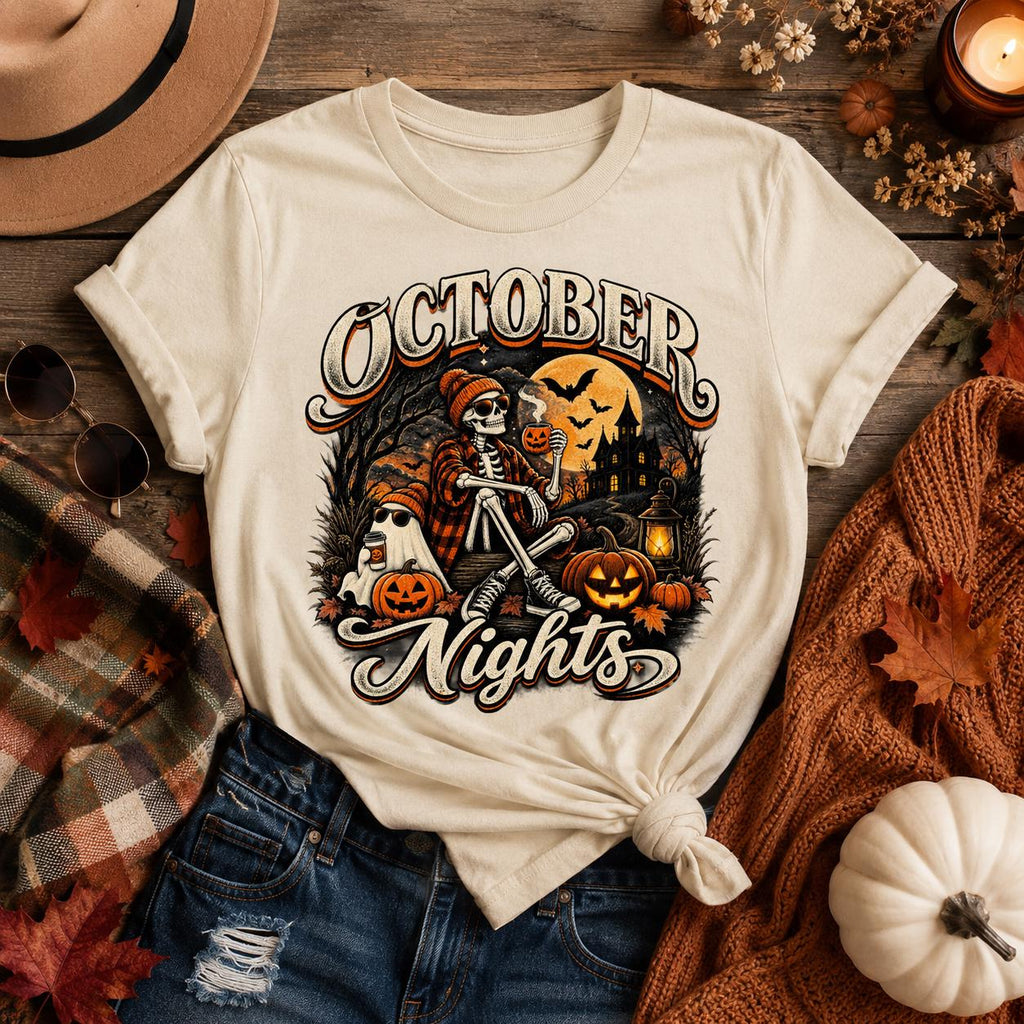 October Nights Halloween Shirt, Vintage Skeleton Ghost Pumpkin Tee (DTF Print)