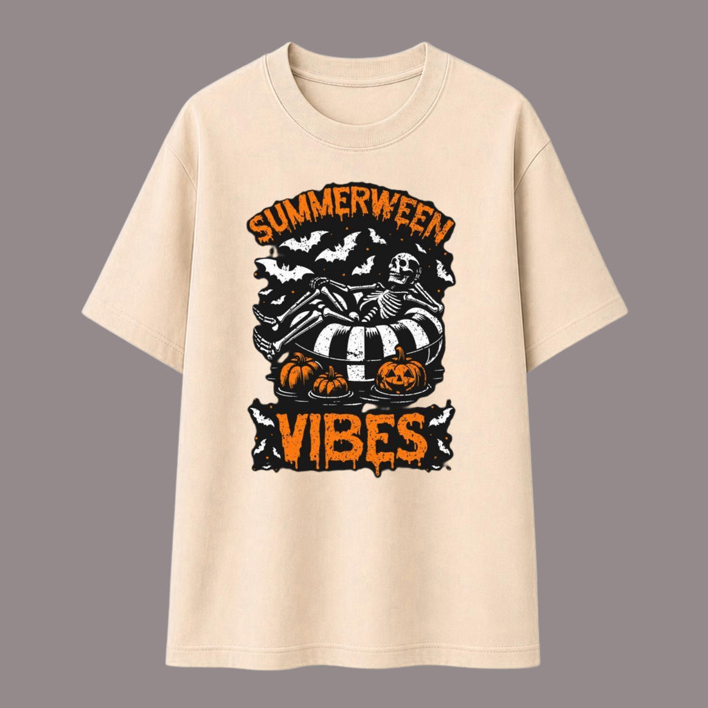 Summerween Vibes Skeleton Pumpkin T-Shirt, Retro Halloween Graphic Tee