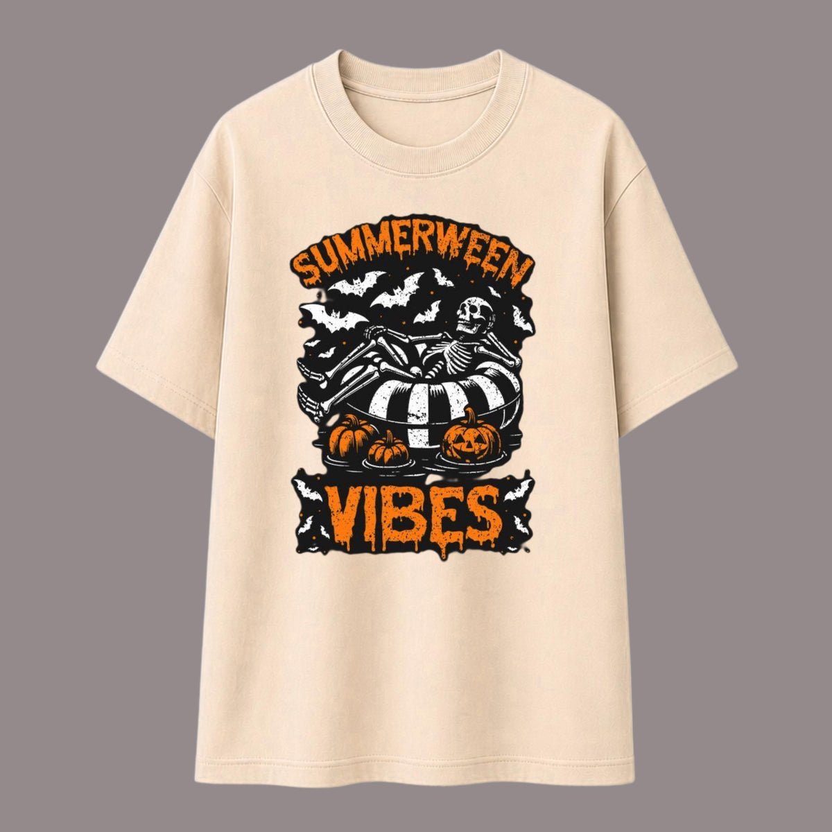 Summerween Vibes Skeleton Pumpkin T-Shirt, Retro Halloween Graphic Tee