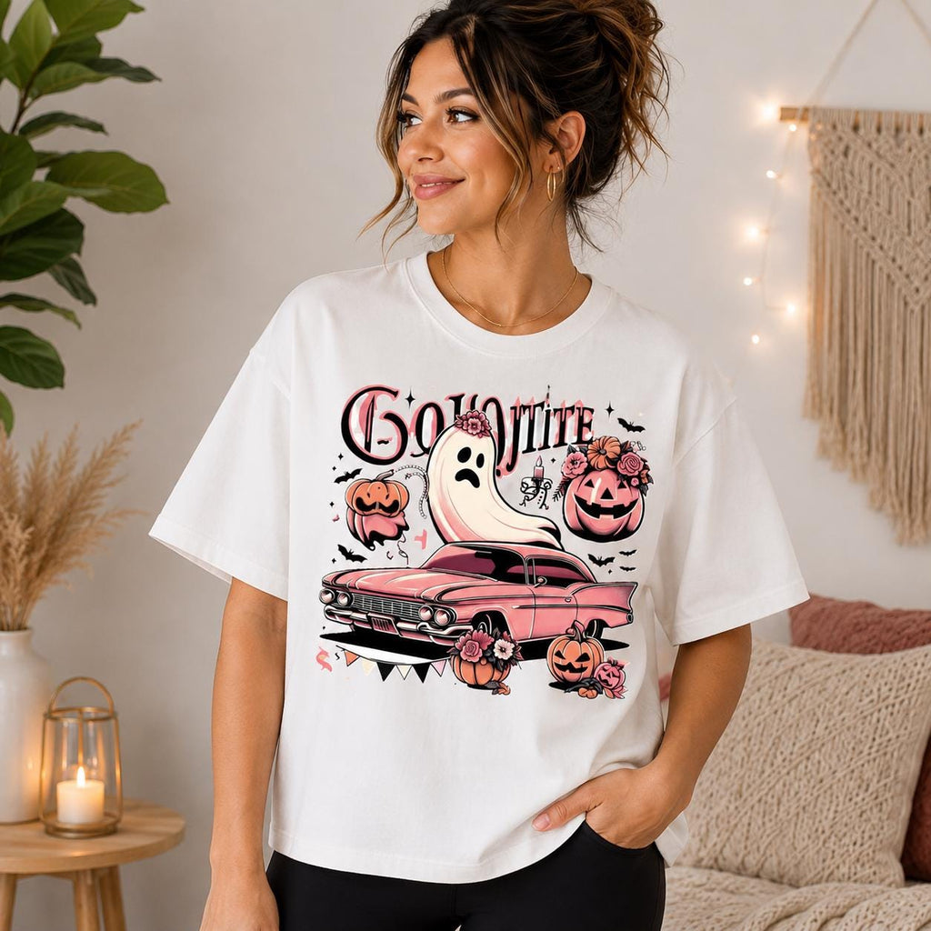 Retro Ghost Car Halloween Tee, Pink Floral Spooky Season Shirt