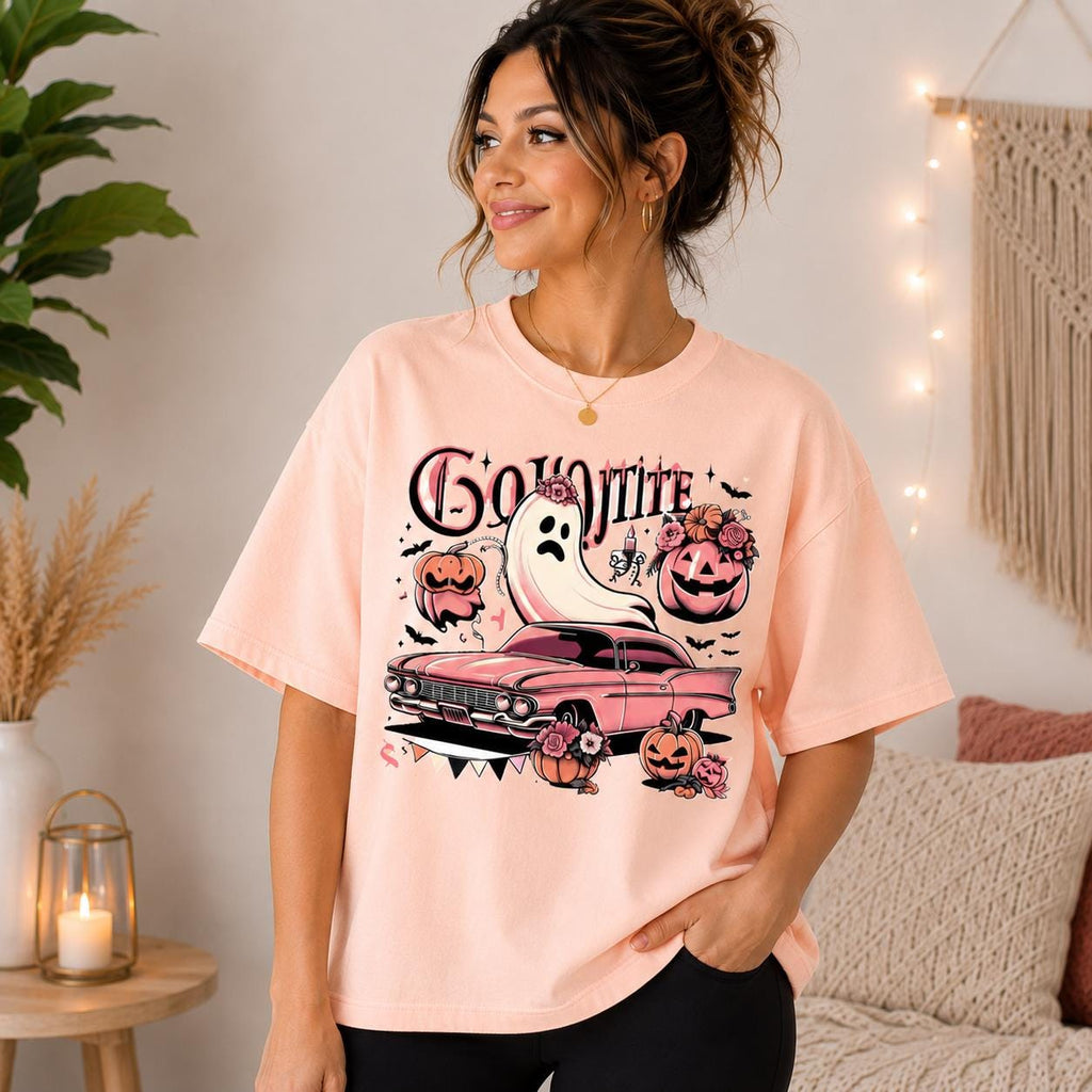 Retro Ghost Car Halloween Tee, Pink Floral Spooky Season Shirt