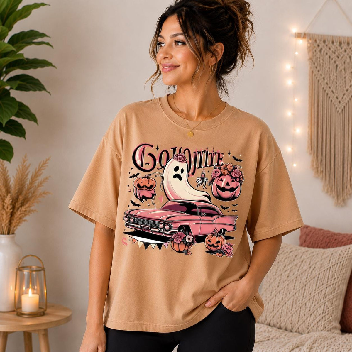 Retro Ghost Car Halloween Tee, Pink Floral Spooky Season Shirt
