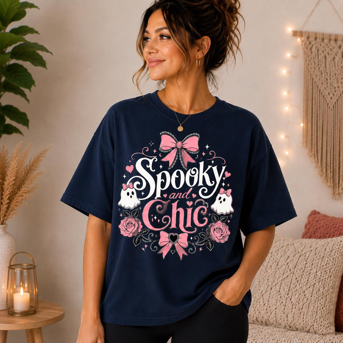 Coquette Ghost Halloween Shirt, Pink Bows Roses Spooky Chic Tee