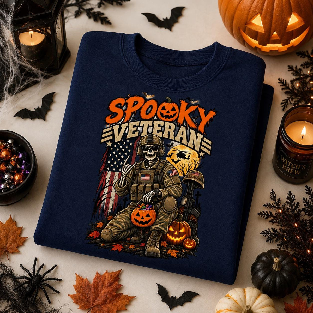 Spooky Veteran Halloween Skeleton Crewneck, Patriotic Pumpkin Graphic Pullover