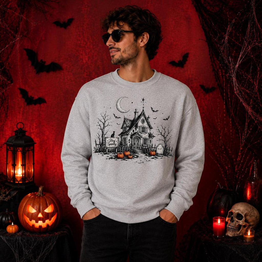 Haunted House Halloween Sweatshirt, Gothic Cottage, Bats, Pumpkins, Moon (50% Cotton Blend)