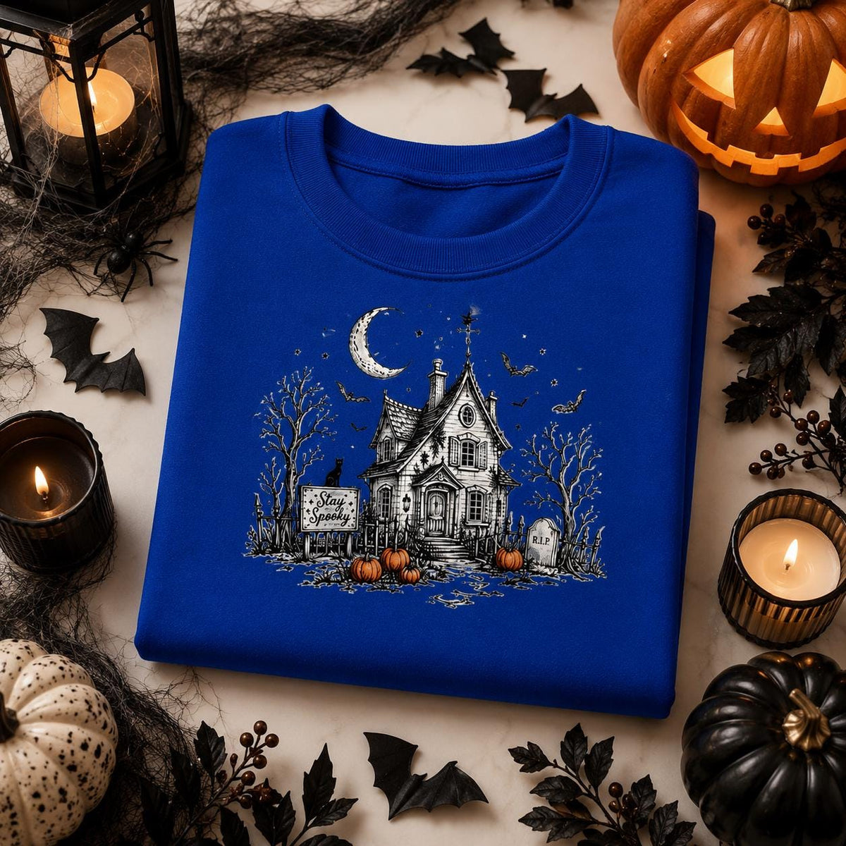 Haunted House Halloween Sweatshirt, Gothic Cottage, Bats, Pumpkins, Moon (50% Cotton Blend)