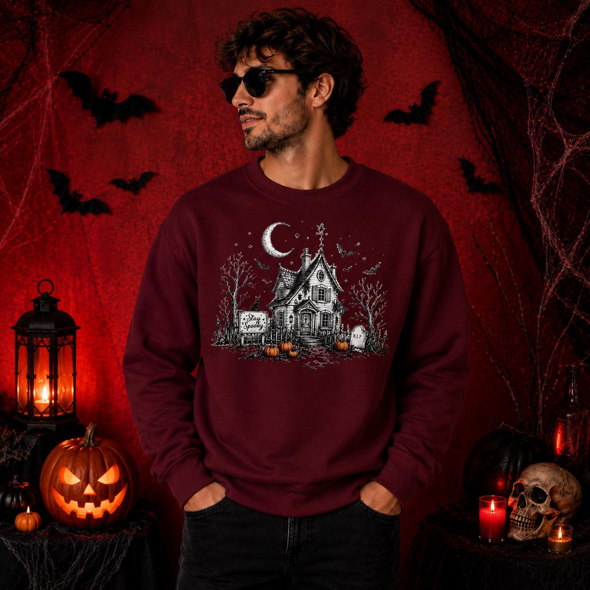 Haunted House Halloween Sweatshirt, Gothic Cottage, Bats, Pumpkins, Moon (50% Cotton Blend)