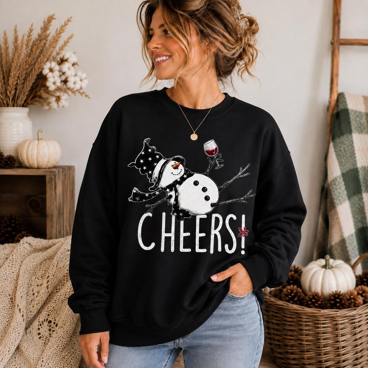 Funny Snowman Cheers Sweatshirt, Wine Lover Holiday Crewneck, Winter Gift