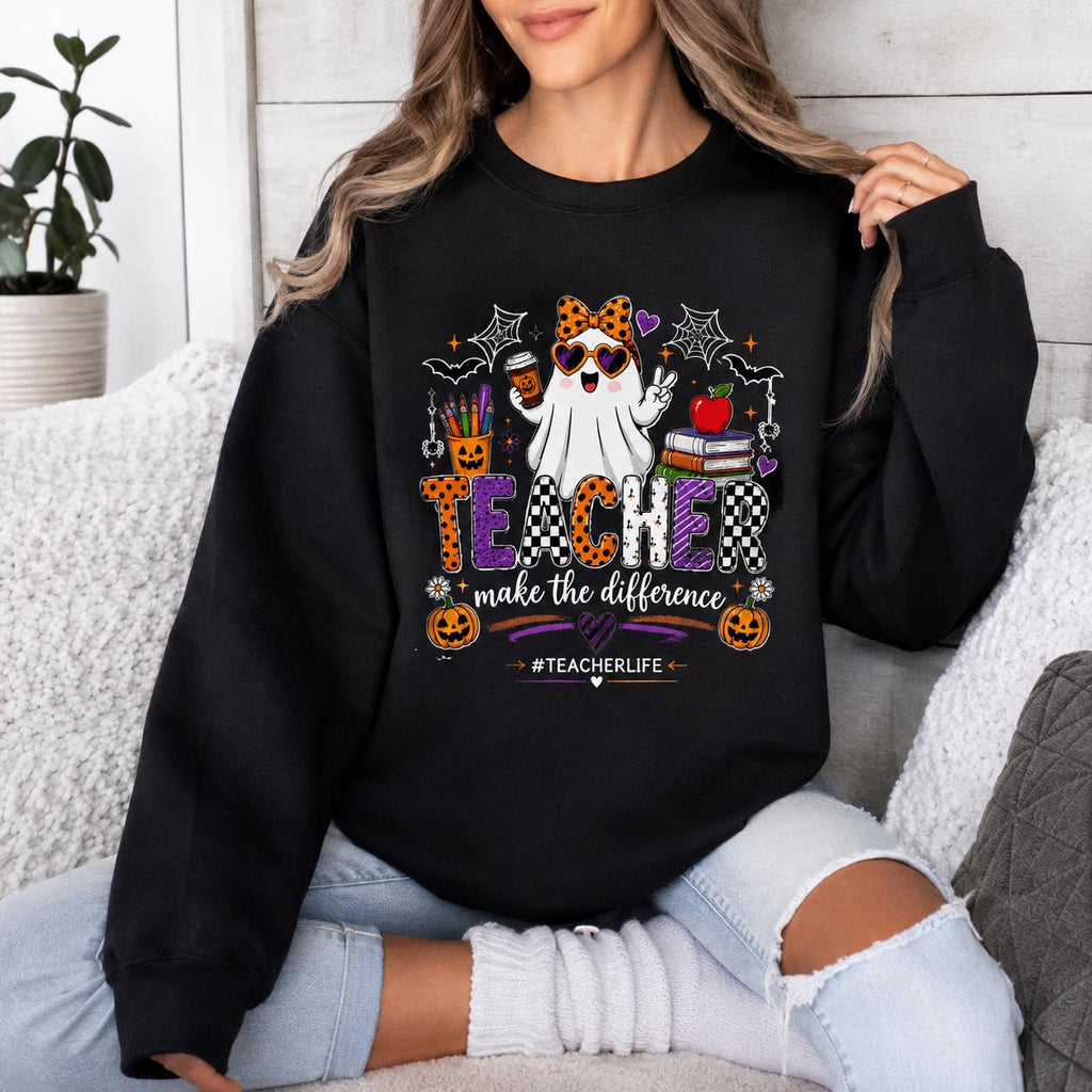Spooky Teacher Sweatshirt, Ghost Coffee, Books, Pumpkins, Make the Difference