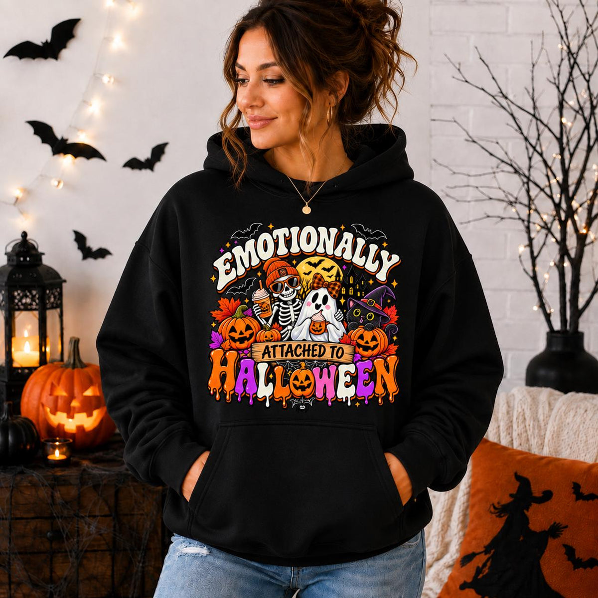 Emotionally Attached To Halloween Sweatshirt, Spooky Season Ghost Skeleton Shirt, Black Cat Pumpkin Graphic