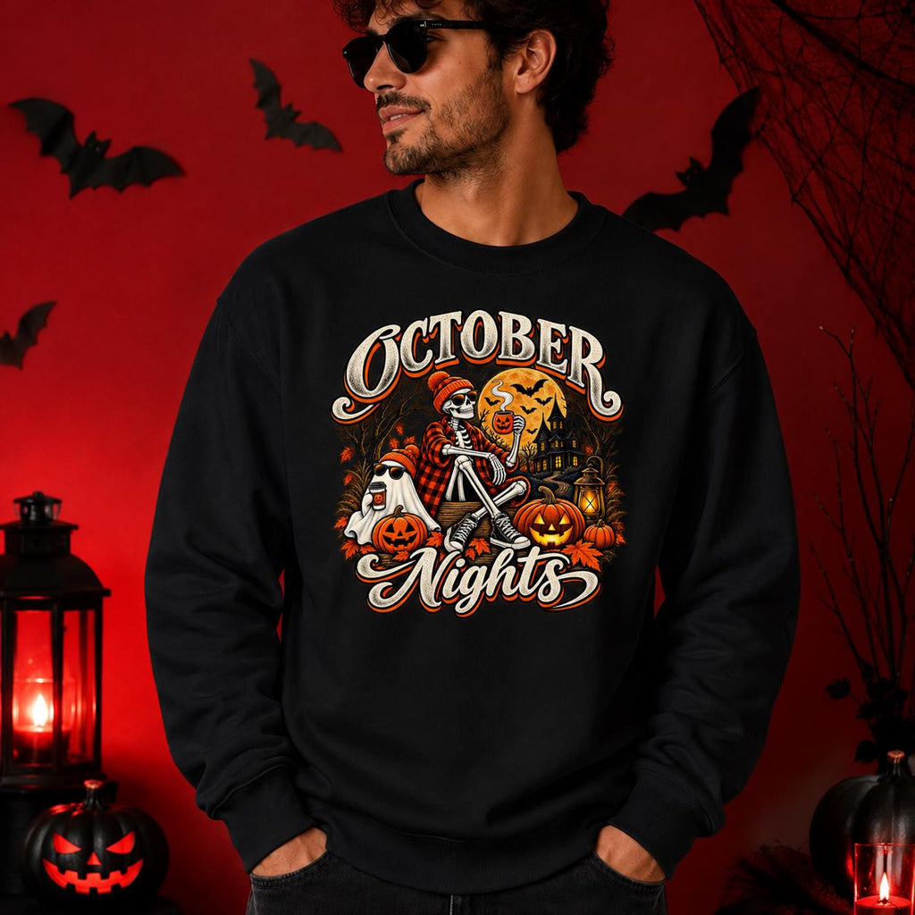 October Nights Halloween Hoodie, Vintage Skeleton Pumpkin Ghost Crewneck (Sweatshirt/Hoodie)