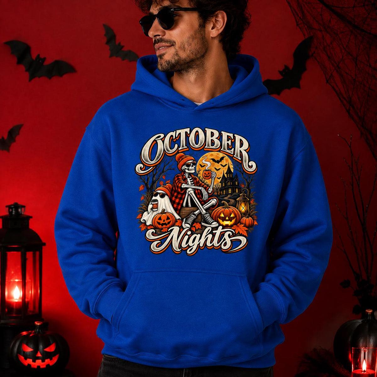 October Nights Halloween Hoodie, Vintage Skeleton Pumpkin Ghost Crewneck (Sweatshirt/Hoodie)