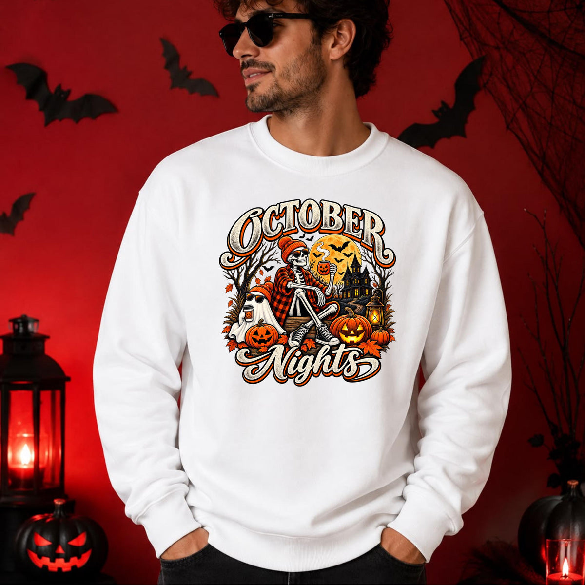 October Nights Halloween Hoodie, Vintage Skeleton Pumpkin Ghost Crewneck (Sweatshirt/Hoodie)