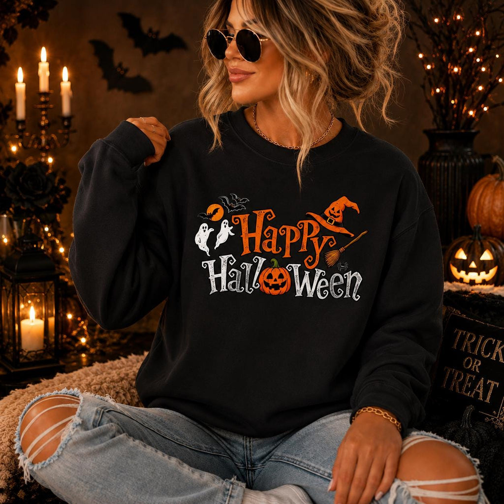 Happy Halloween Sweatshirt, Ghost Pumpkin Witch Hat Crewneck (Sweatshirt or Hoodie)