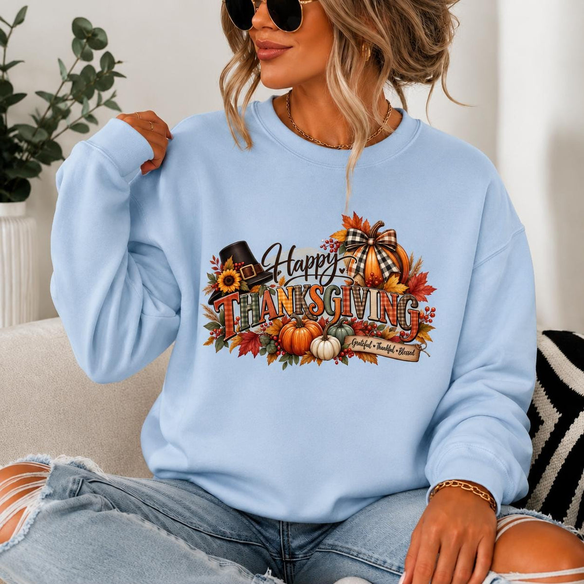 Happy Thanksgiving Hoodie, Autumn Foliage, Turkey, Pumpkins (Sweatshirt/Hoodie)