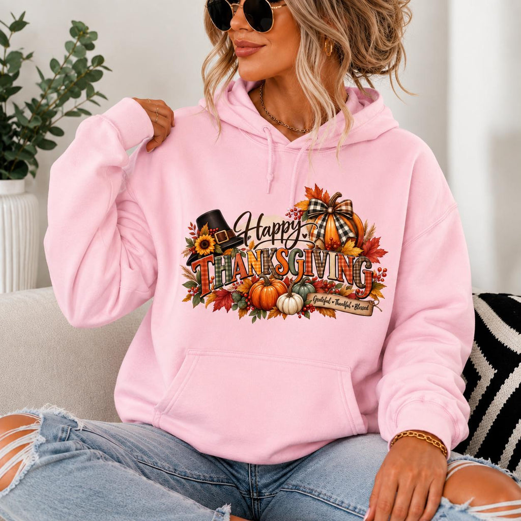 Happy Thanksgiving Hoodie, Autumn Foliage, Turkey, Pumpkins (Sweatshirt/Hoodie)