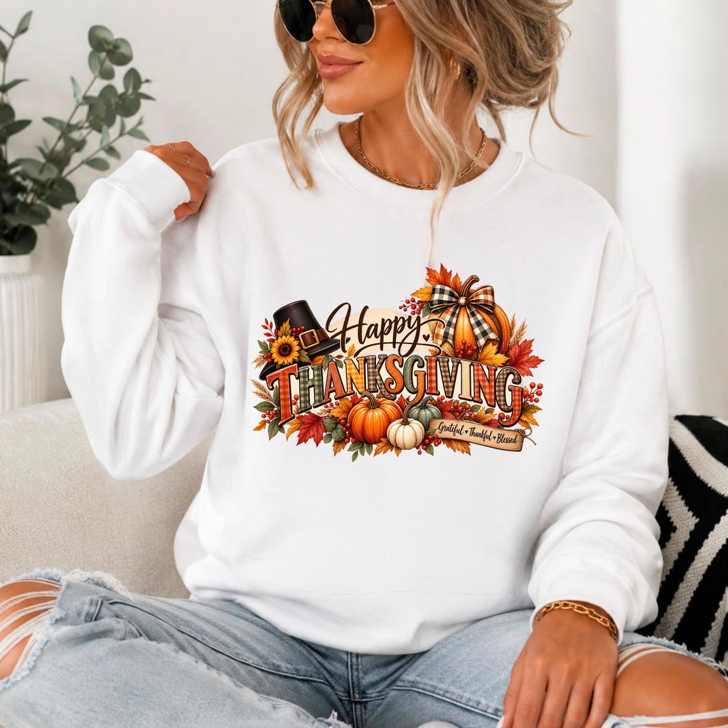 Happy Thanksgiving Hoodie, Autumn Foliage, Turkey, Pumpkins (Sweatshirt/Hoodie)