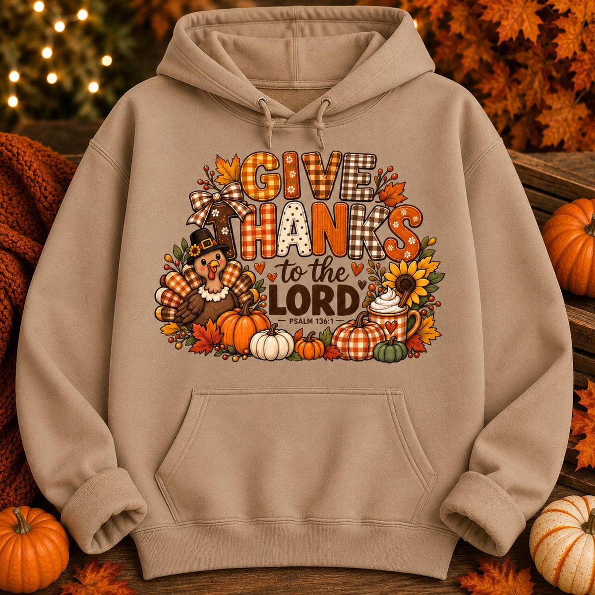 Christian Thanksgiving Sweatshirt, Turkey, Pumpkins, Fall Leaves Pullover