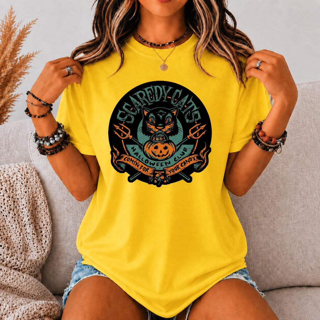 Scaredy Cats Halloween Shirt, Retro Black Cat Pumpkin Graphic Tee