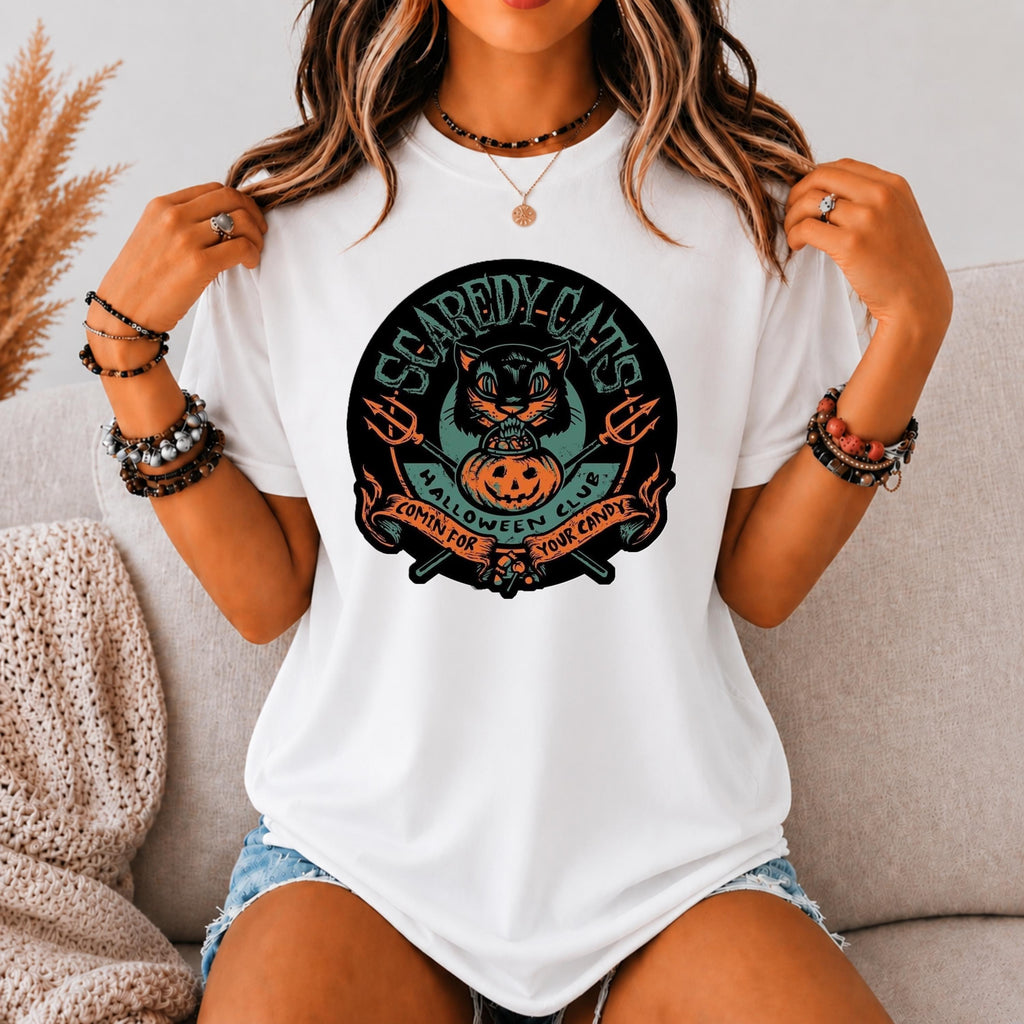 Scaredy Cats Halloween Shirt, Retro Black Cat Pumpkin Graphic Tee
