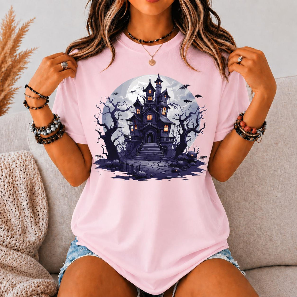 Vintage Haunted House Tee, Gothic Halloween Castle Graphic Shirt, Spooky Fall Apparel