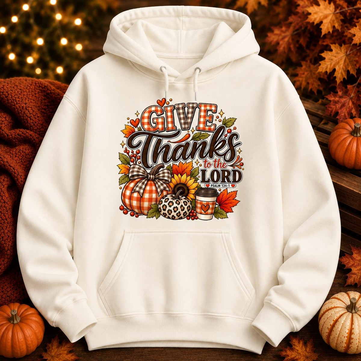 Christian Thanksgiving Pullover, Fall Faith Hoodie, Autumn Design (Pumpkins, Sunflowers)