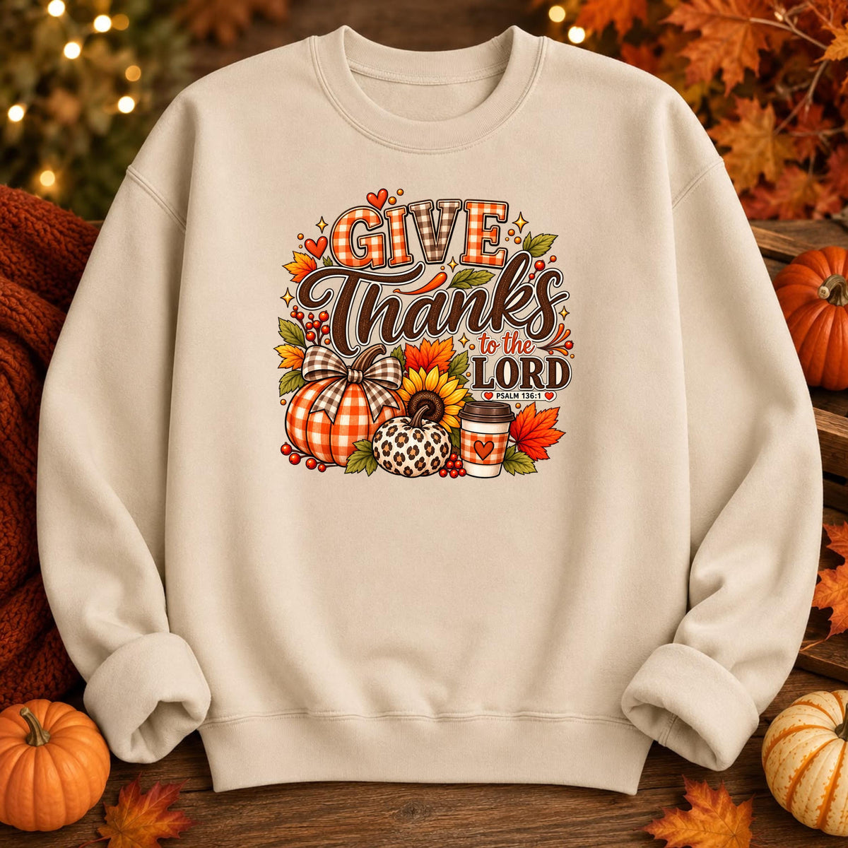Christian Thanksgiving Pullover, Fall Faith Hoodie, Autumn Design (Pumpkins, Sunflowers)