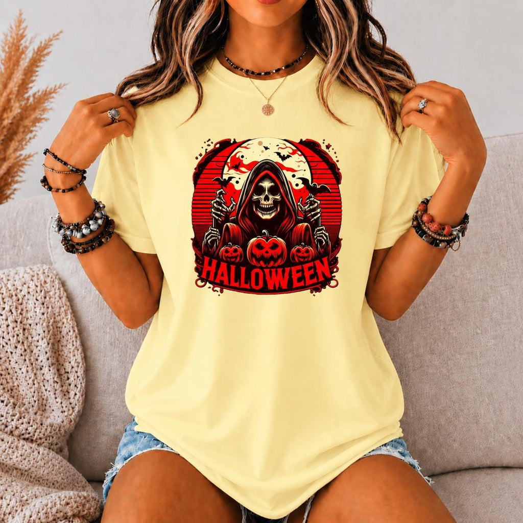 Grim Reaper Halloween Shirt, Spooky Skeleton Pumpkin Graphic Tee