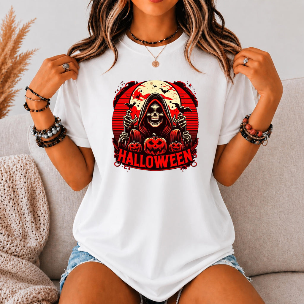Grim Reaper Halloween Shirt, Spooky Skeleton Pumpkin Graphic Tee