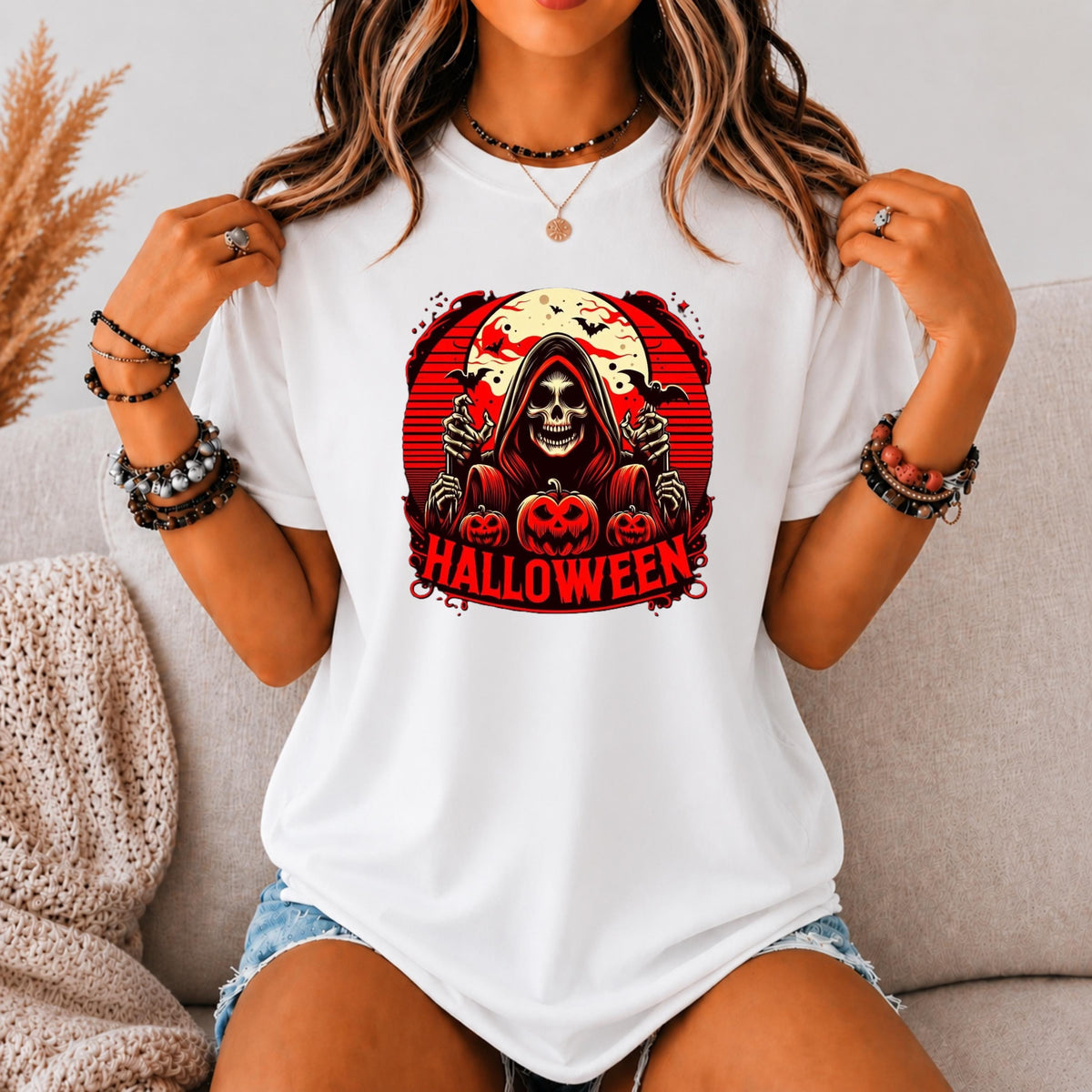 Grim Reaper Halloween Shirt, Spooky Skeleton Pumpkin Graphic Tee