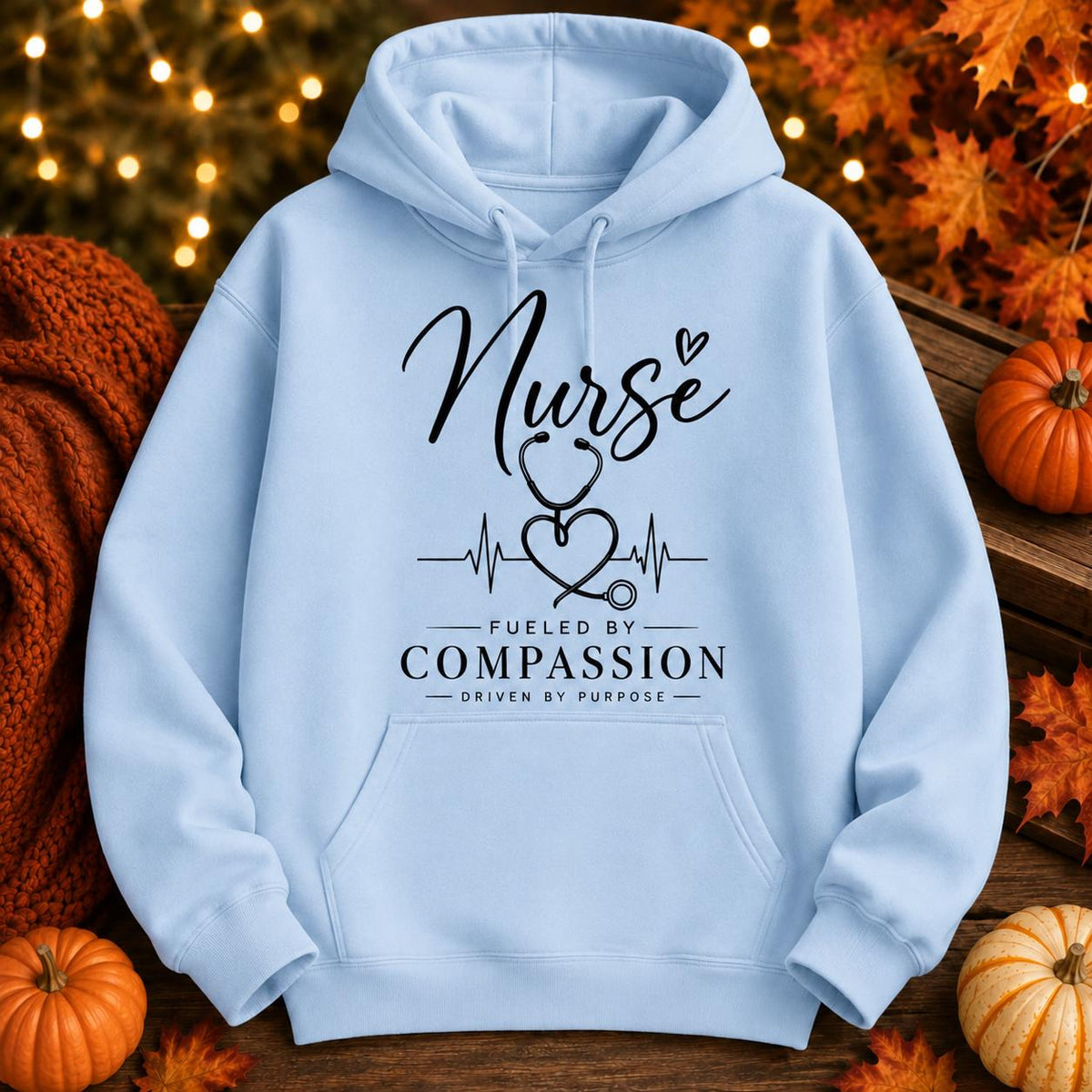 Nurse Fueled by Compassion Hoodie, Stethoscope Heart Design, Healthcare Worker Gift
