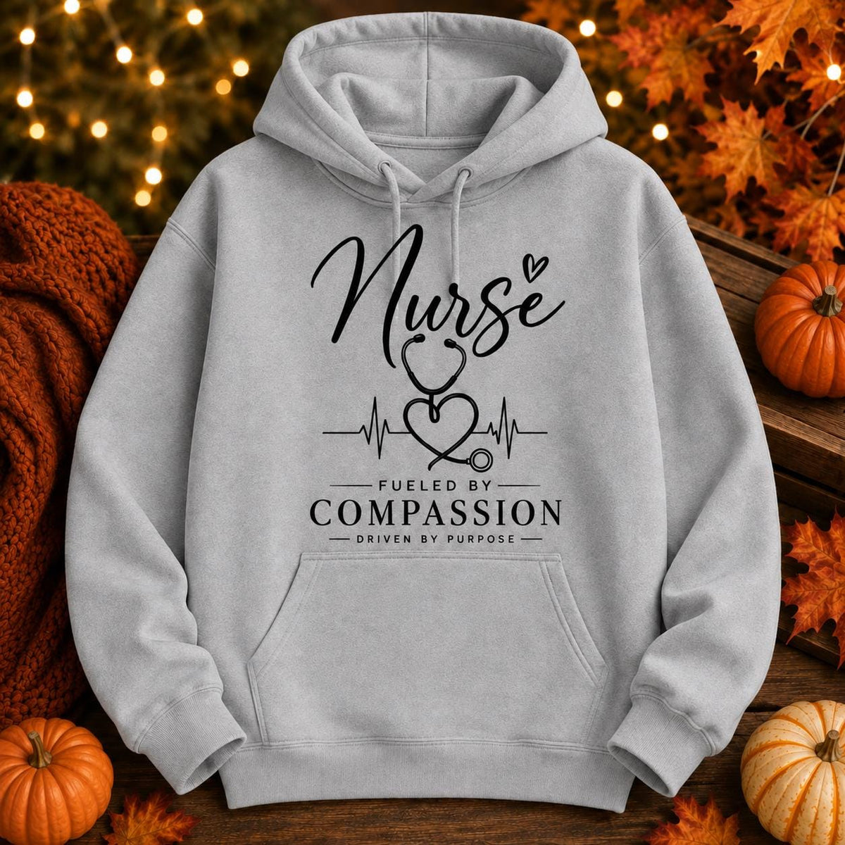 Nurse Fueled by Compassion Hoodie, Stethoscope Heart Design, Healthcare Worker Gift