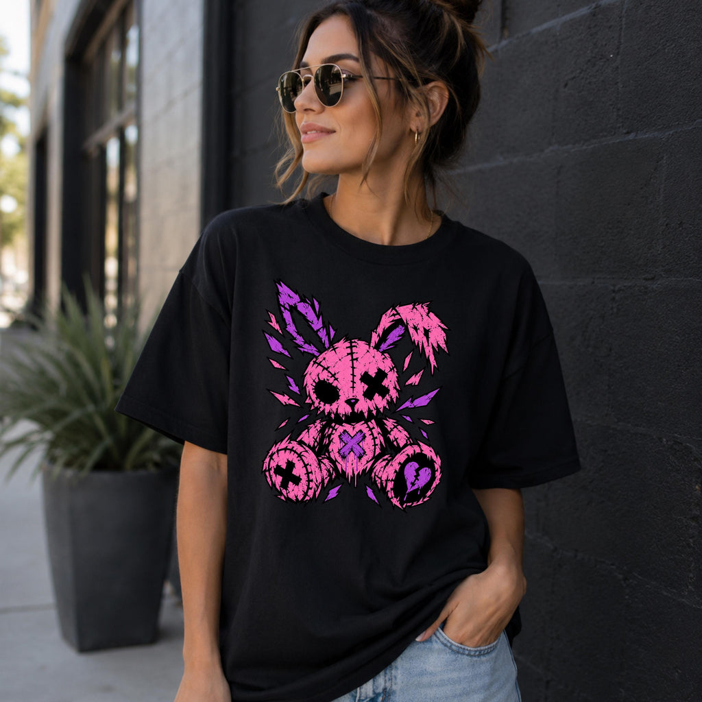 Pastel Ragdoll Skull Halloween Graphic Tee, Distressed Pink Gothic Design