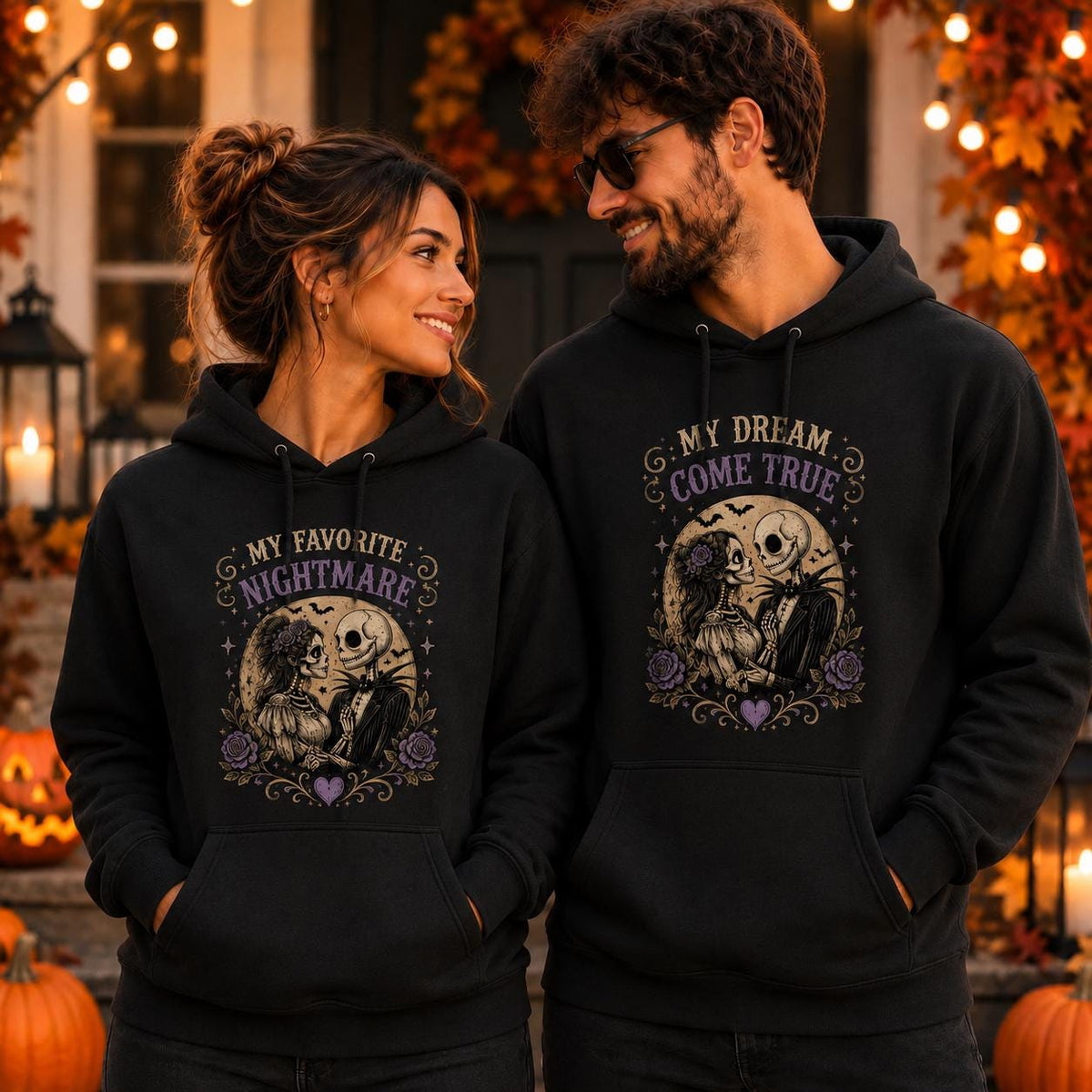 My Favorite Nightmare Couple Sweatshirt, Skeleton Love Hoodie, Gothic Halloween Pullover, Matching Couple Gift