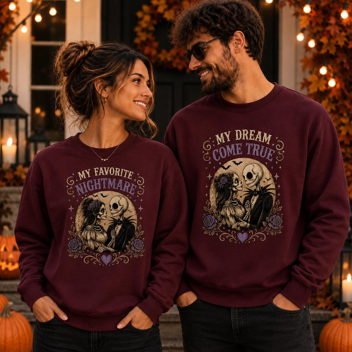 My Favorite Nightmare Couple Sweatshirt, Skeleton Love Hoodie, Gothic Halloween Pullover, Matching Couple Gift