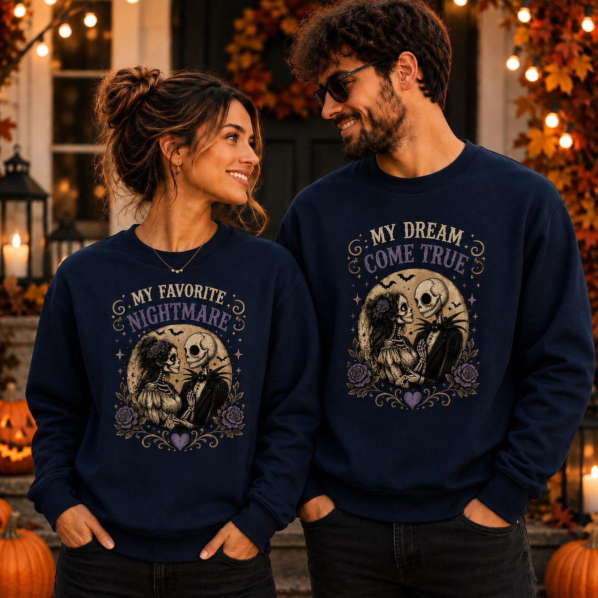 My Favorite Nightmare Couple Sweatshirt, Skeleton Love Hoodie, Gothic Halloween Pullover, Matching Couple Gift