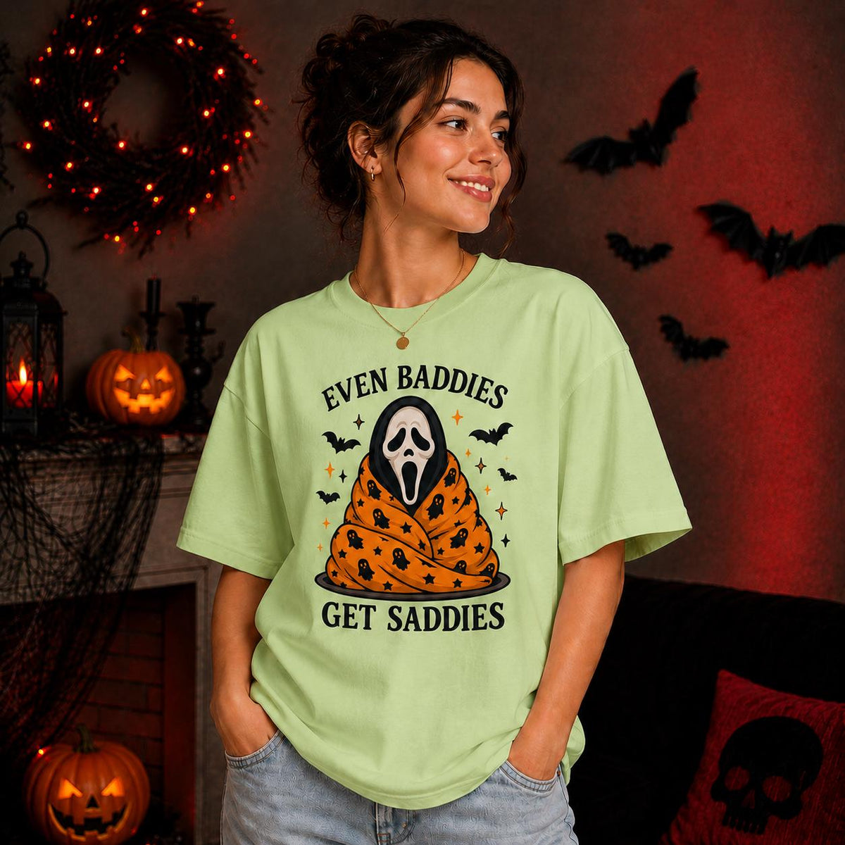 Even Baddies Get Saddies Ghost Tee, Spooky Halloween Shirt, Gothic Humor Gift